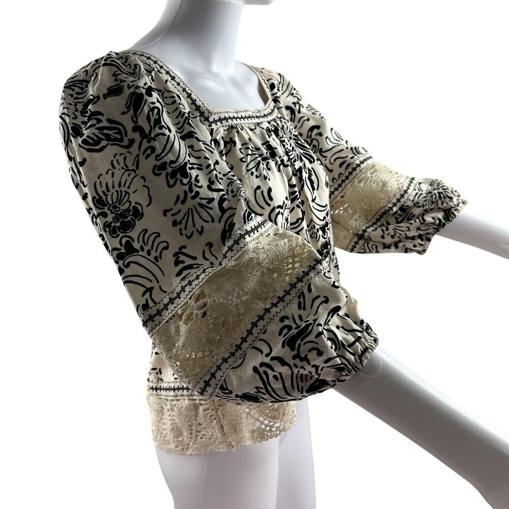 NWT Christian Siriano Linen Blend Boho Cream Black Peasant Crochet Crop Top S - Picture 3 of 11
